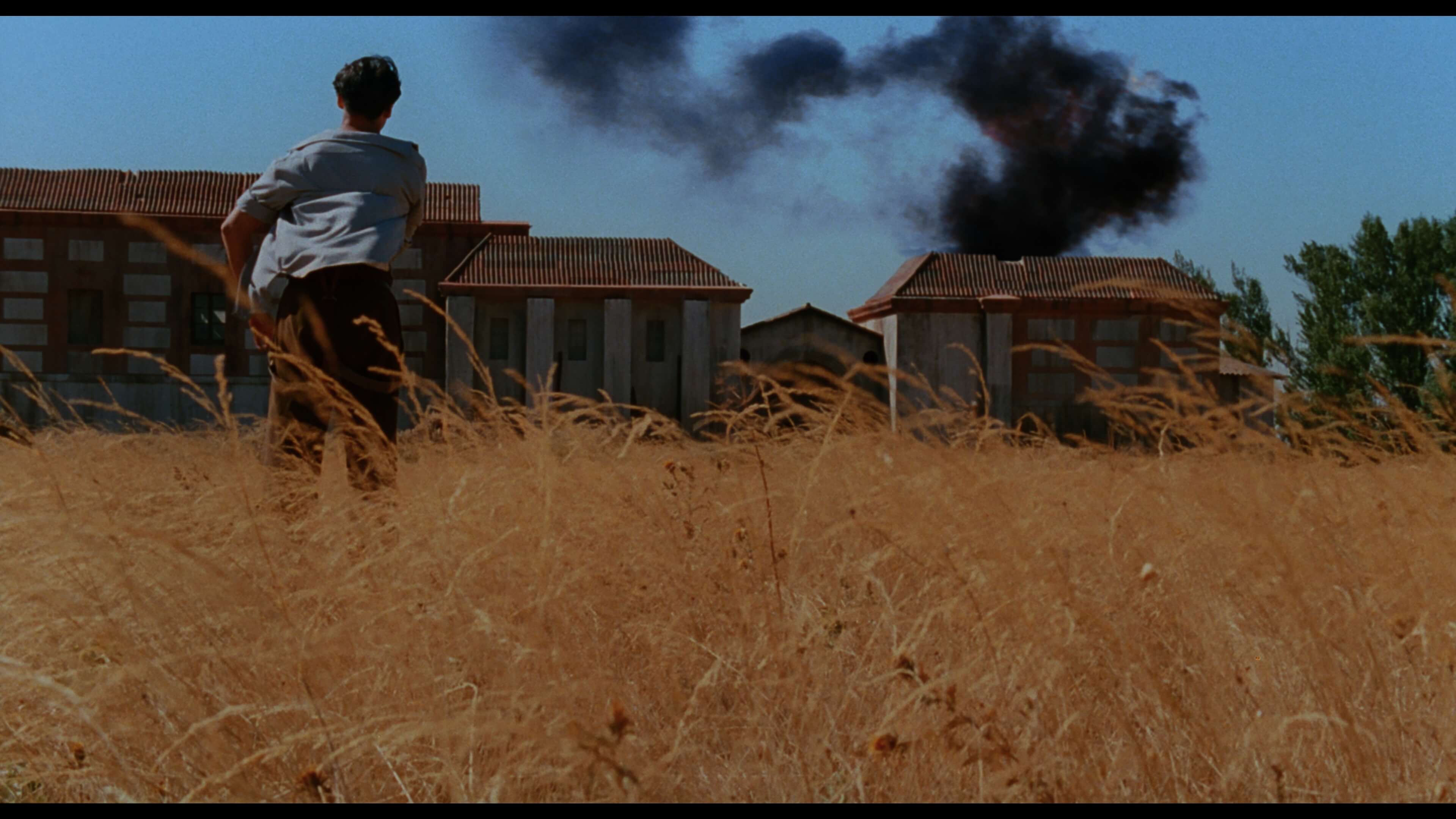 мужчина стоит в поле на фоне горящий зданий