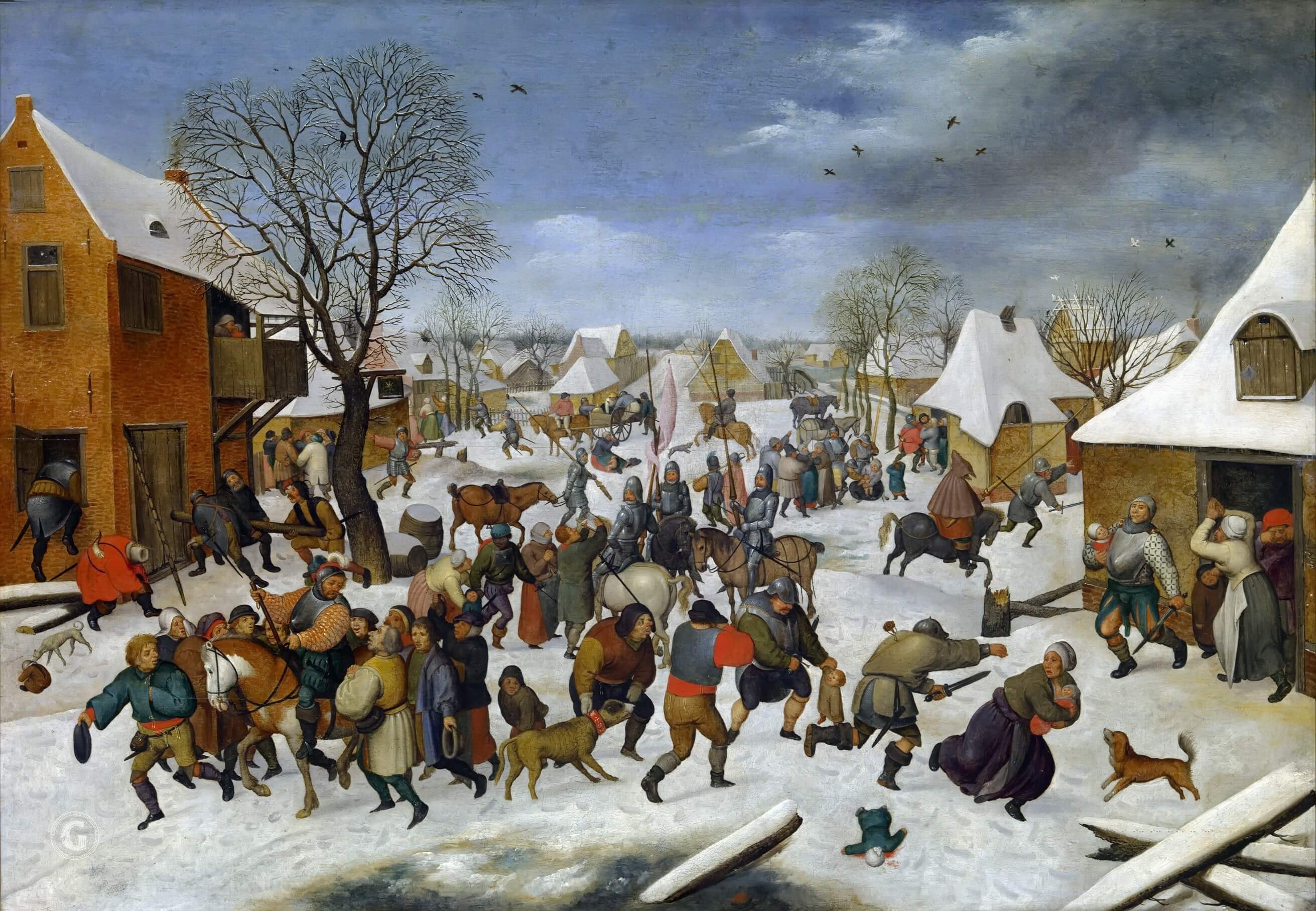 Сюжет «Избиения младенцев» в трактовке Питера Брейгеля Младшего: зимняя сцена в нидерландской деревне.