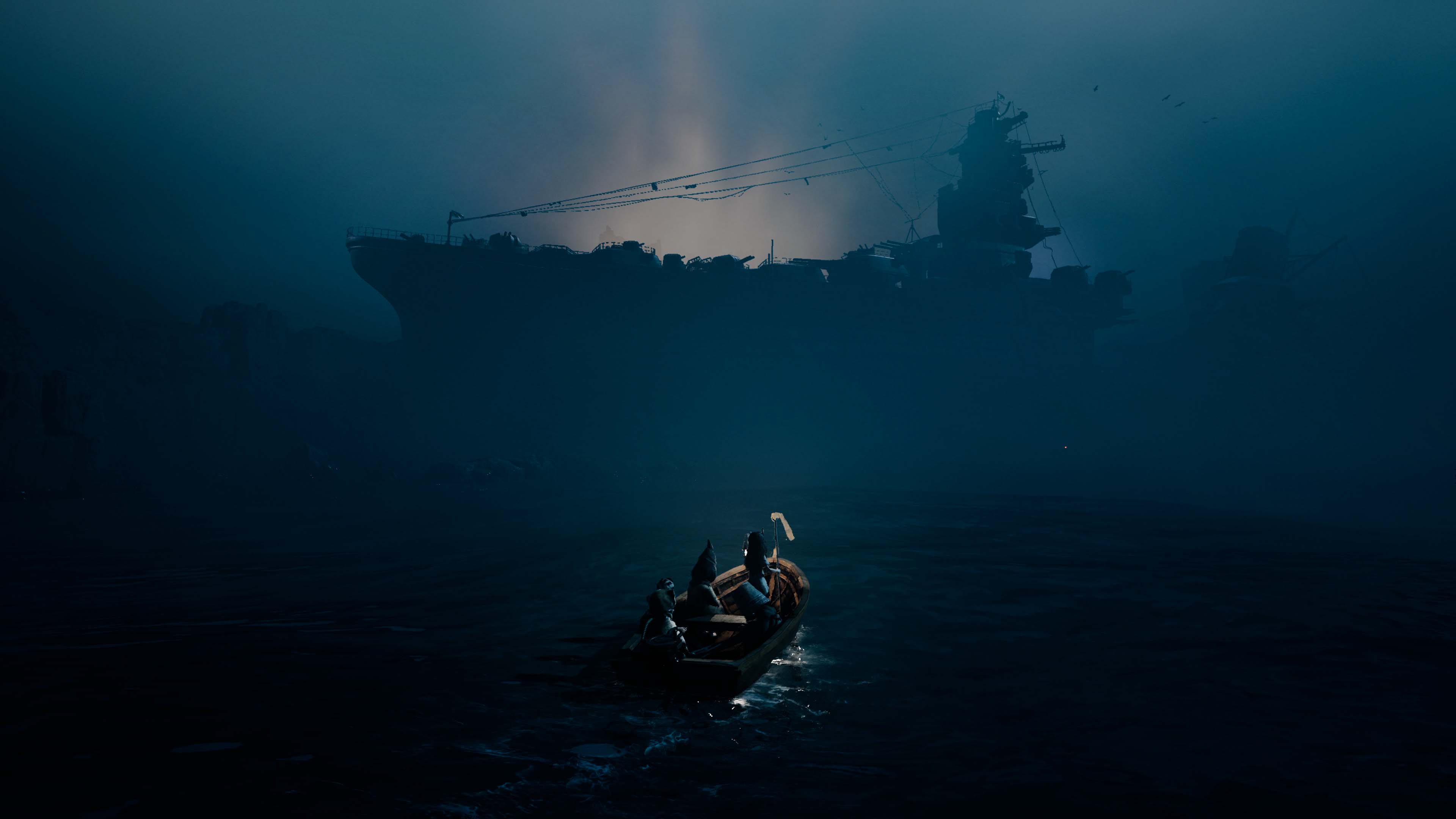 маленькая лодочка с персонажами на фоне выброшенного на рифы военным крейсером