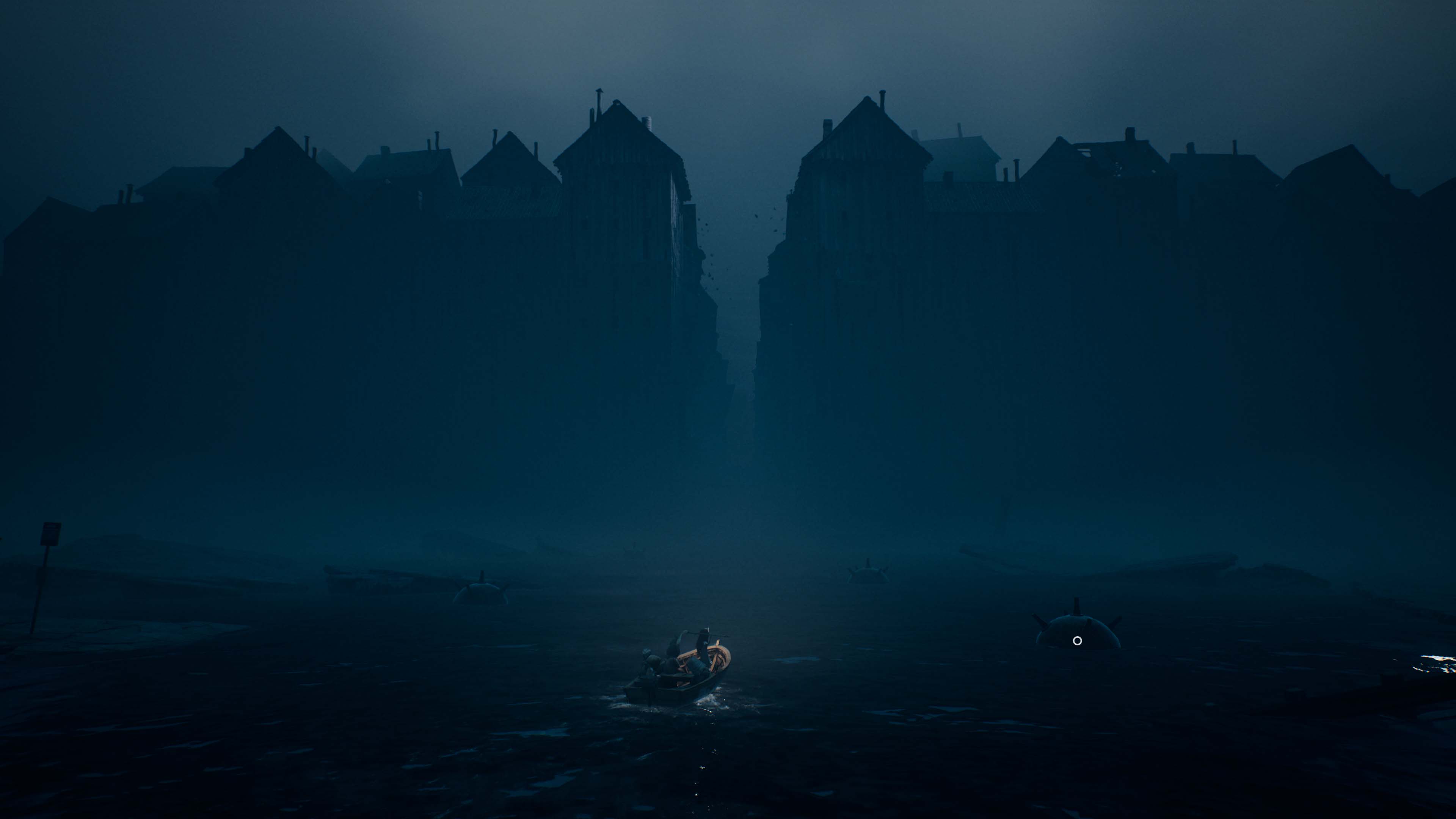 лодка с героями лавирует между морских мин на фоне города