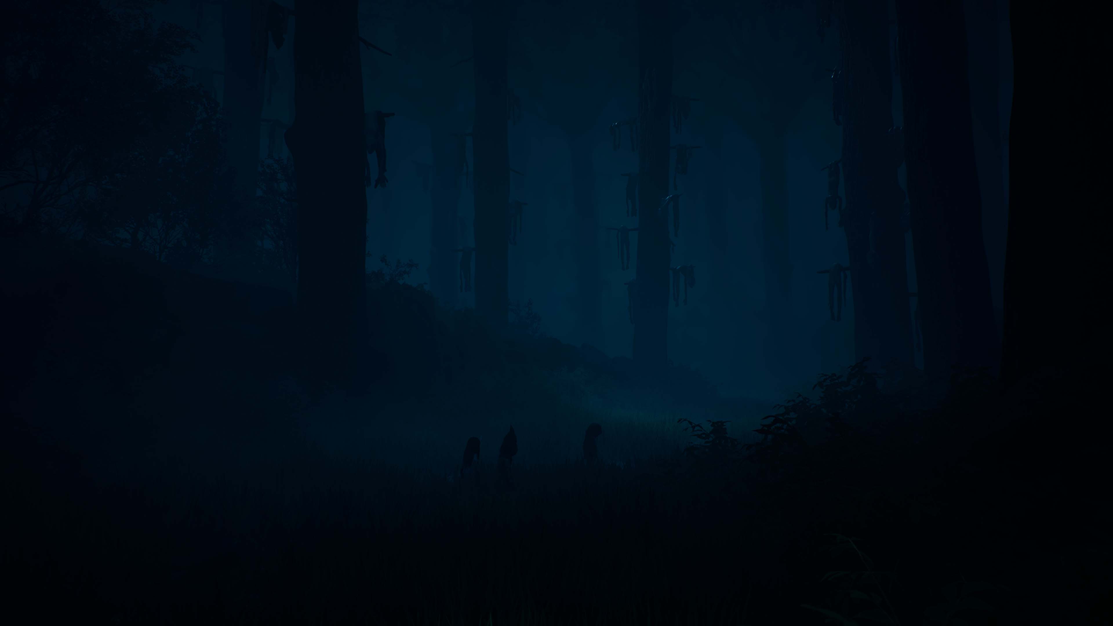 персонажи идут сквозь ночной лес, на ветвях висит человеческая кожа