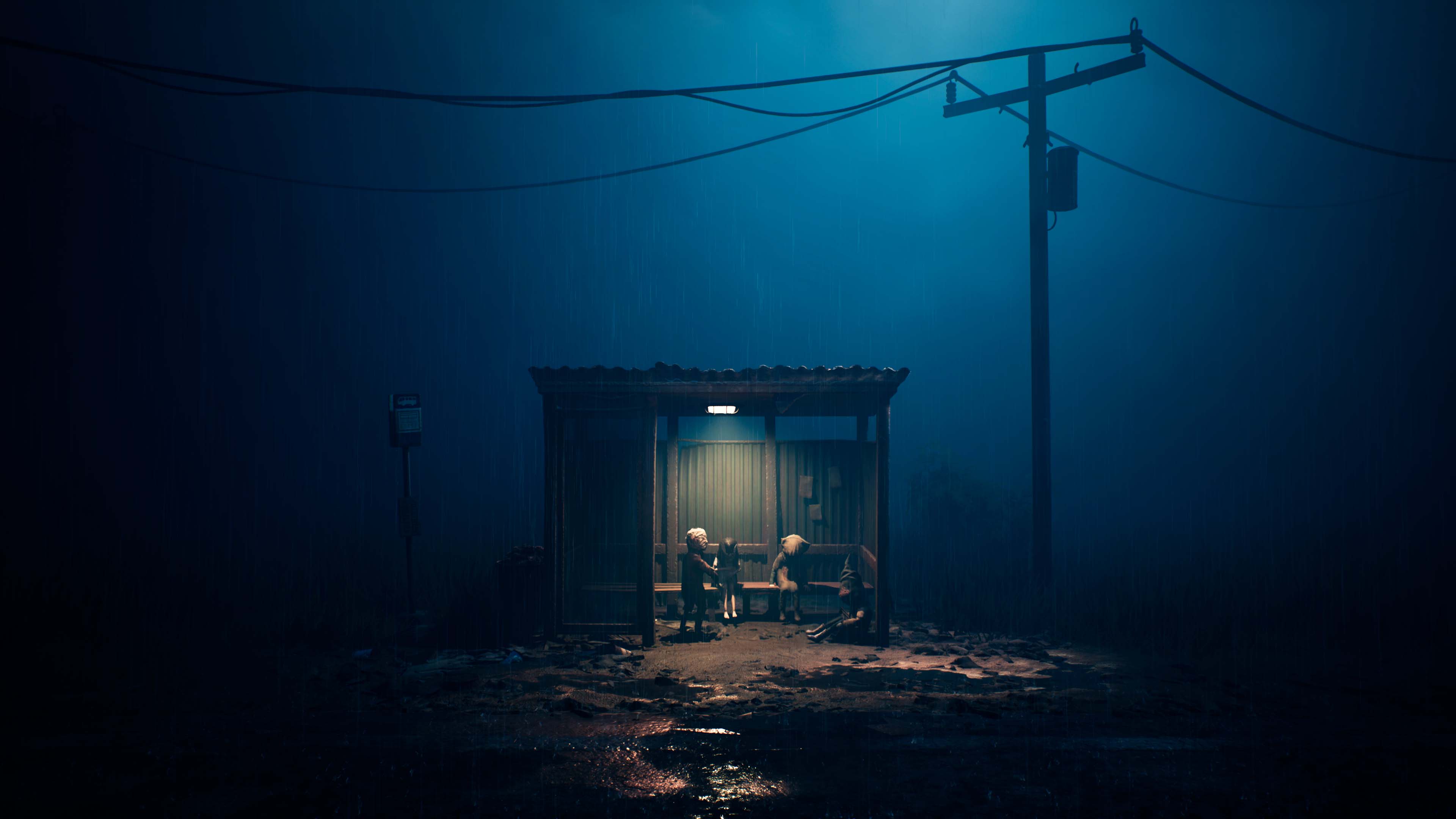 персонажи сидят на автобусной остановке во время дождя